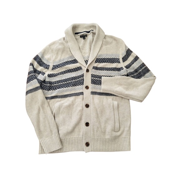 Banana Republic Grandpa Cardigan Sweater Mens Large Shawl Collar Beige Blue L - Picture 1 of 9